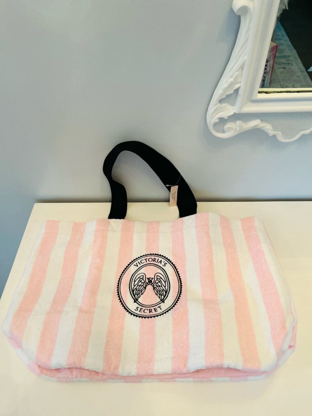 Victoria's Secret Pink and White Striped Tote with Black Handles